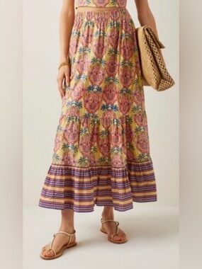 Cara Cara Pink and Yellow Floral Tiered Chase Midi Skirt Cotton Palm Trees